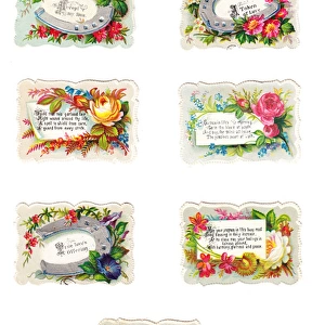 Flowers with greetings on seven Victorian scraps