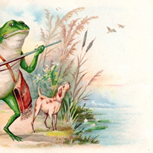 Frog huntsman and dog on a greetings postcard