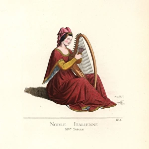 Italian noble woman playing a harp, 14th century