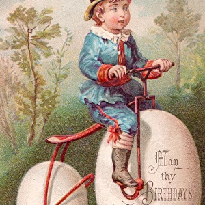 Little boy riding pennyfarthing bicycle on a birthday card