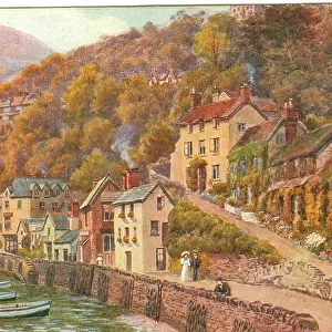Lynmouth harbour side view with boats and bridge