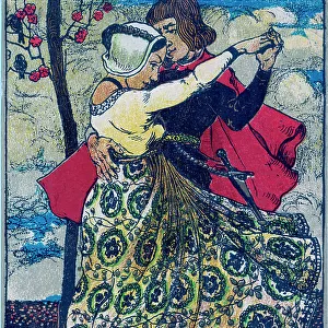 Medieval dancing couple. Man in red cloak with dagger