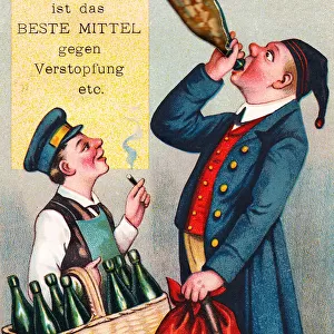 Two men with bottles on a comic German greetings card