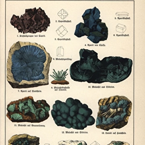 Minerals including cuprite crystals, azurite, malachite, etc