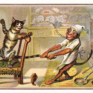 Monkey pulling a cats tail on a Christmas card