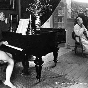 Nude model on a break plays a piano