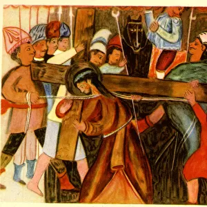 Painted sailcloth, Jesus assisted in carrying the Cross
