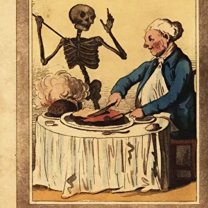 Skeleton of death aiming a dart at a corpulent man eating