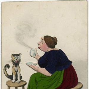 A stout, jolly housewifes enjoys a mid-morning cup of tea