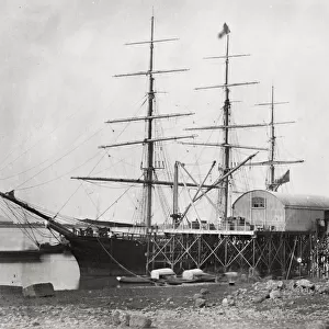 Vintage 19th century photograph: ship at iron wharf, scaffolding, Rangoon, Burma, Yangon
