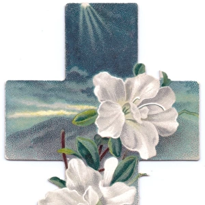 White flowers on a cross-shaped greetings card