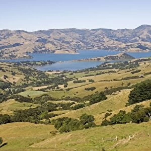 New Zealand - Scenic of Akaroa harbour surrounded by volcanic hills- Banks Peninsula