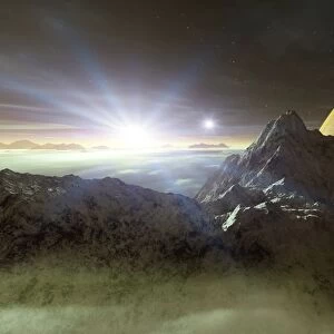 Double star sunset on an alien planet