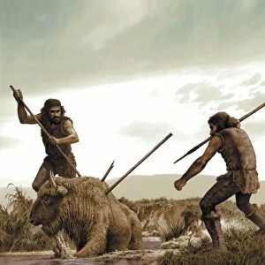 Prehistoric humans hunting, artwork C013 / 9580