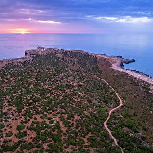 Aerial view of Capo Passero island at sunrise, Portopalo di Capo Passero municipality, Siracusa province, Sicily, Italy, Mediterranean, Europe