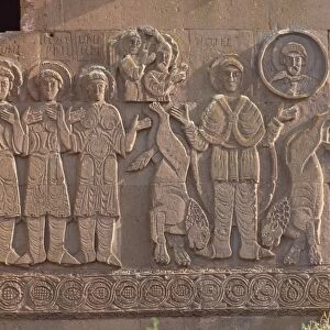 Akdamar Armenian church, built in 915 AD by King Gagik I, shown on right with two lions
