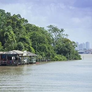 Boats and stilt house on an igarape (flooded creek) in the Brazilian Amazon with Belem city behind