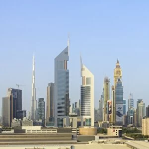 Dubai cityscape with Burj Khalifa and Emirates Towers, Dubai, United Arab Emirates, Middle East