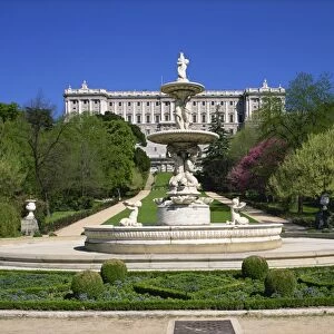Fountain and gardens in front of the Royal Palace (Palacio Real), in Madrid