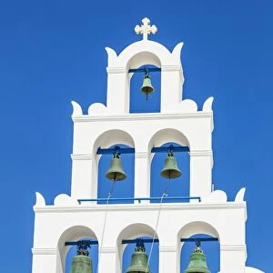 Greek church bell tower of Panagia Platsani, Oia, Santorini (Thira), Cyclades Islands, Greek Islands, Greece, Europe