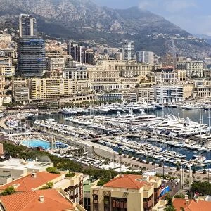 High angle view of Monaco and harbour, Monaco, Mediterranean, Europe