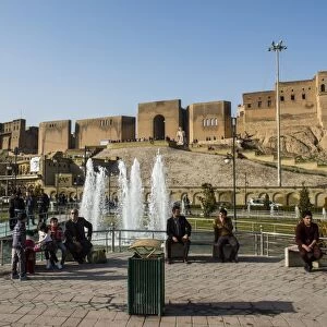 Huge square with water fountains below the citadel of Erbil (Hawler), capital of Iraq Kurdistan, Iraq, Middle East