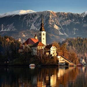 Lake Bled at dawn with Santa Maria Church (Church of Assumption), Gorenjska, Julian Alps