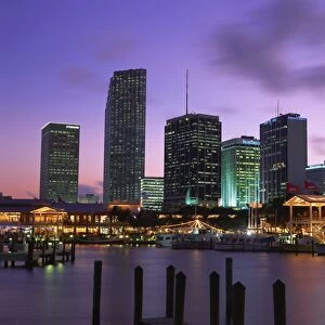 Marina and city skyline at dusk, Miami, Florida, United States of America, North America