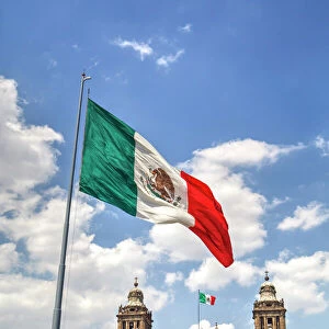 Mexican flag, Plaza of the Constitution (Zocalo), Metropolitan Cathedral in background