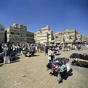 Shoe stalls at Bab Al Yemen gate in city walls, Sana a Souk, Sana a
