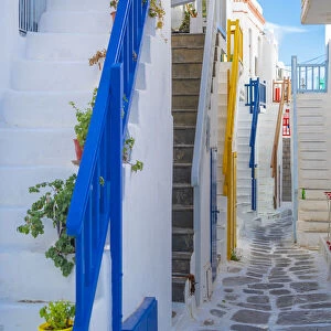 View of narrow cobbled street, Mykonos Town, Mykonos, Cyclades Islands, Greek Islands