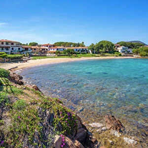 View of Spiaggia di Porto San Paolo and clear blue water, Porto San Paolo, Sardinia, Italy, Mediterranean, Europe