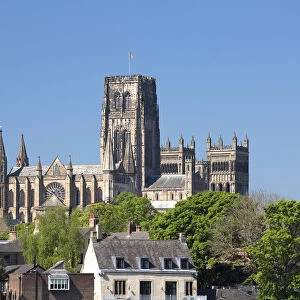 View across treetops to Durham Cathedral in spring, UNESCO World Heritage Site, Durham