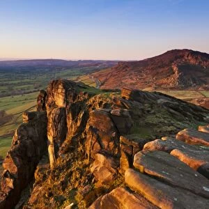 Winter sunset on the gritstone rock formations of Hen Cloud in the Roaches, Staffordshire, England, United Kingdom, Europe