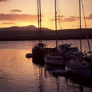 Yachts at sunset, Caleta de Fustes, Fuerteventura, Canary Islands, Spain, Europe