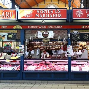 Meat stall in the Central Market Hall in Budapest, Hungary