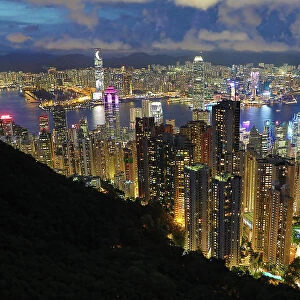 Victoria Harbour and Skyline from Victoria Peak at night, Hong Kong, China