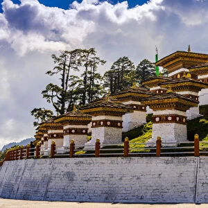 The 108 memorial chortens or stupas, Dochula Pass on the road from Thimpu to Punakha