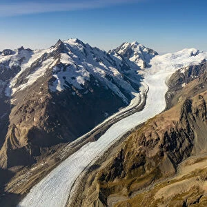 Aerial view of Tasman Glacier and mountain ranges in Aoraki / Mount Cook National Park