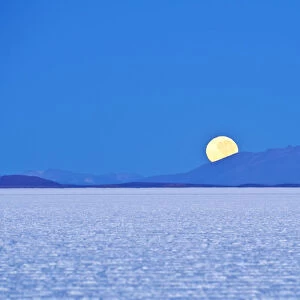 Bolivia, Potosi Department, Daniel Campos Province, Moonset over the Salar de Uyuni