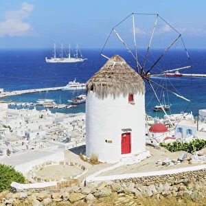 Bonis Windmill overlloking Mykonos Town, Mykonos, Cyclades Islands, Greece