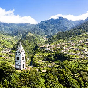 Clock-tower of Nossa Senhora de Fatima chapel and village, Sao Vicente, Madeira island