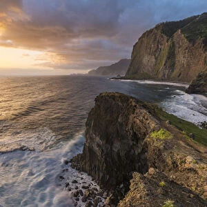 Faial beach and its cliffs at sunrise. Faial, Santana municipality, Madeira Island