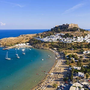 Greece, Rhodes, Lindos Acropolis and Megali Paralia Beach