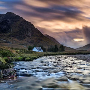 Lone White Cottage by River Coupall, Glen Coe, Highlands, Scotland