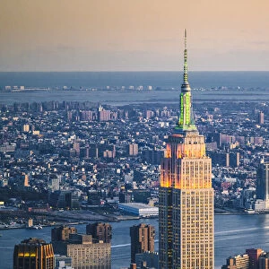 Manhattan, New York City, USA. Aerial view of the Empire State Building at dusk