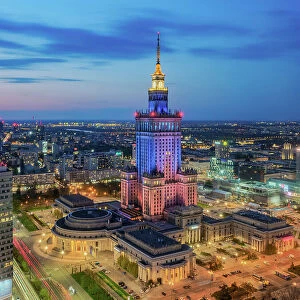 Palace of Culture and Science at dusk, elevated view, Warsaw, Masovian Voivodeship, Poland
