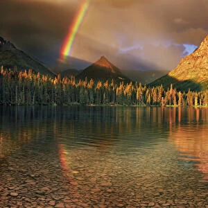rainbow at Two Medicine Lake with Sinopah Mountain - USA, Montana, Glacier National Park