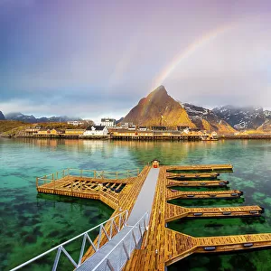 Sakrisoy with rainbow, Moskenes, Moskenesoya, Nordland, Lofoten, Norway