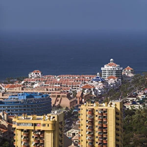 Spain, Canary Islands, Tenerife, Playa de Las Americas, elevated view from Los Cristianos